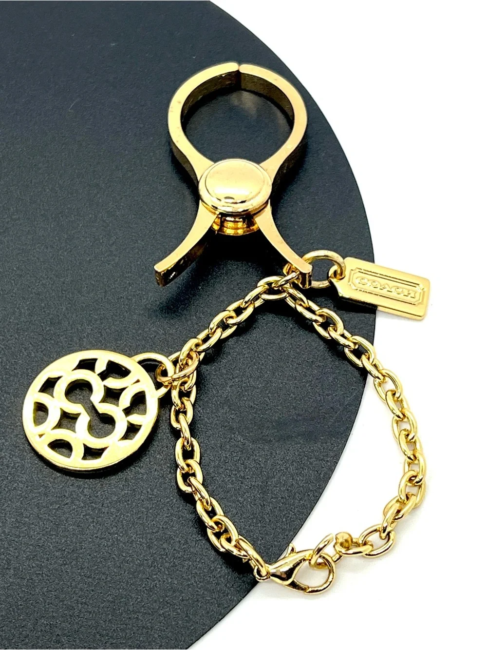 Coach Gold Signature C Glove Holder Key Ring Bag Charm Chain Clip & Dust Bag